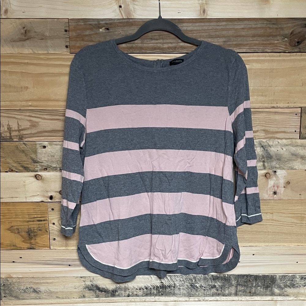 Talbots size Large Gray and Pink Striped 3/4 Sleeve Lightweight Soft Sweater